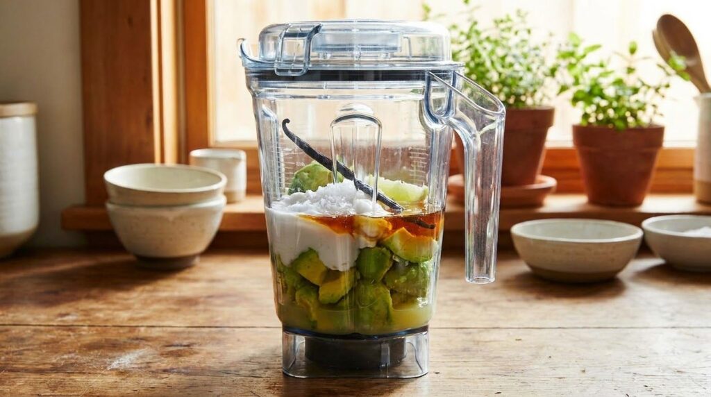 A blender with all the avocado ice cream ingredients inside ready to be blended into a smooth mixture