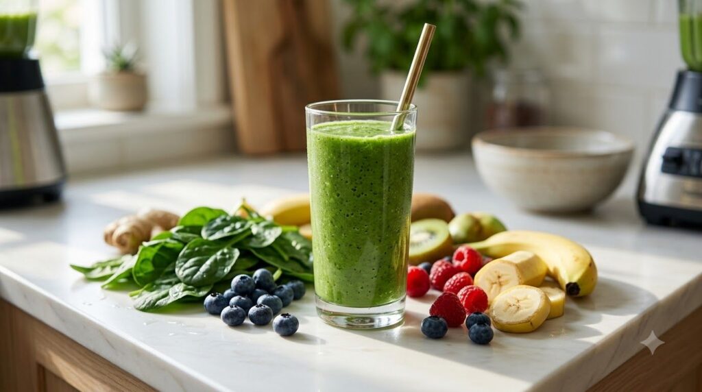 A vibrant green smoothie in a tall glass with a straw surrounded by colorful fresh fruits and vegetables like spinach be