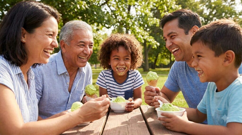 A happy family including children enjoying scoops of avocado ice cream on a sunny day