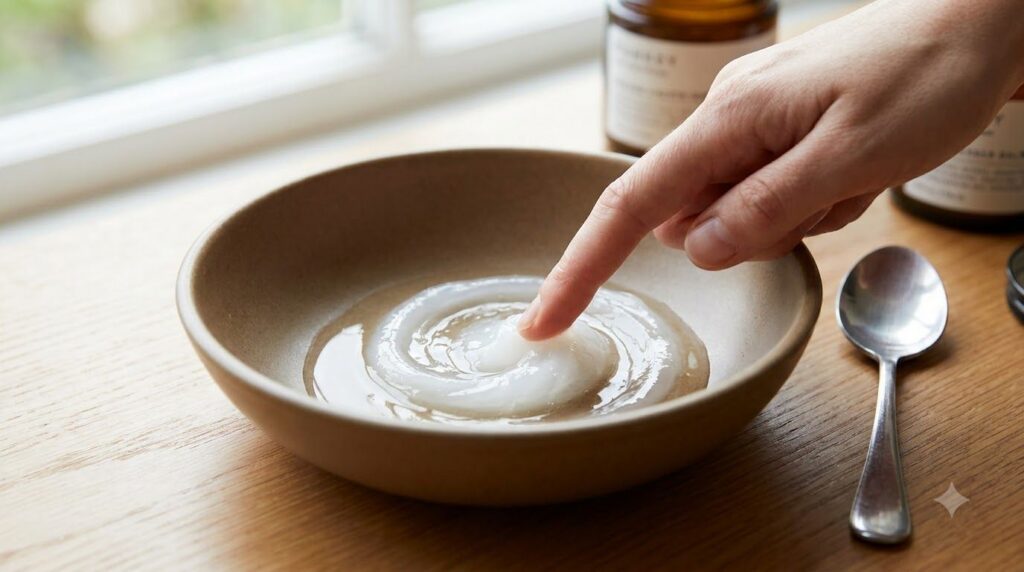 Close-up of a small clean bowl with Johnson s Baby Oil and Vaseline being mixed together with a clean finger or small sp