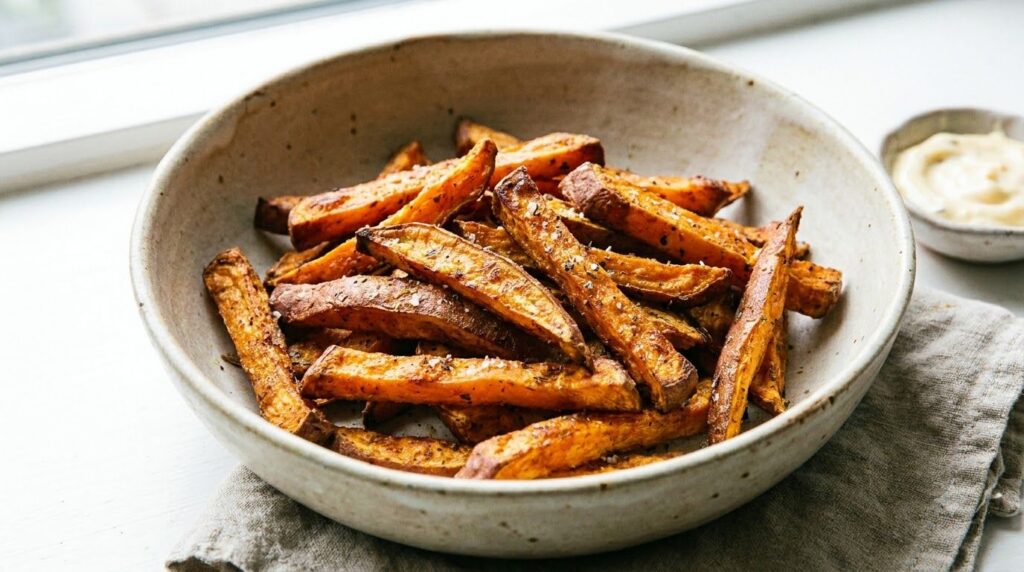 A close-up shot of crispy golden oven-baked sweet potato fries perfectly seasoned and piled in a rustic serving bowl