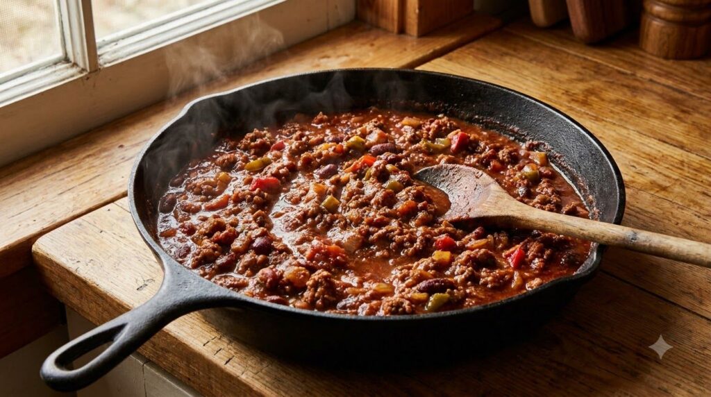 A large skillet filled with simmering rich homemade chili with steam gently rising ready to be served