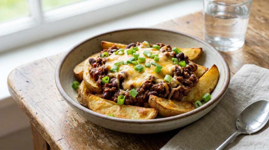 An assembled dish of healthy chili cheese fries piled high with melted cheese and vibrant green onions ready to be serve