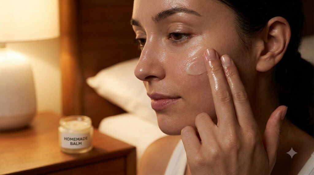 A person s hand gently applying the homemade Vaseline and baby oil balm to their clean face at night emphasizing the smo