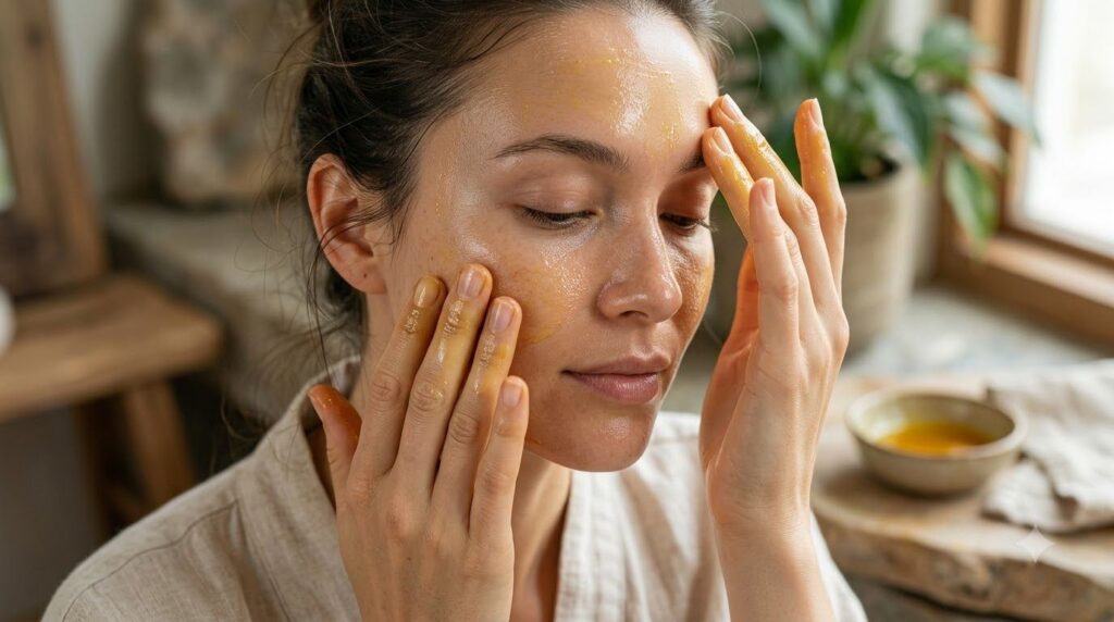 A person gently massaging the turmeric and baby oil mixture onto their face focusing on areas with dullness or uneven sk