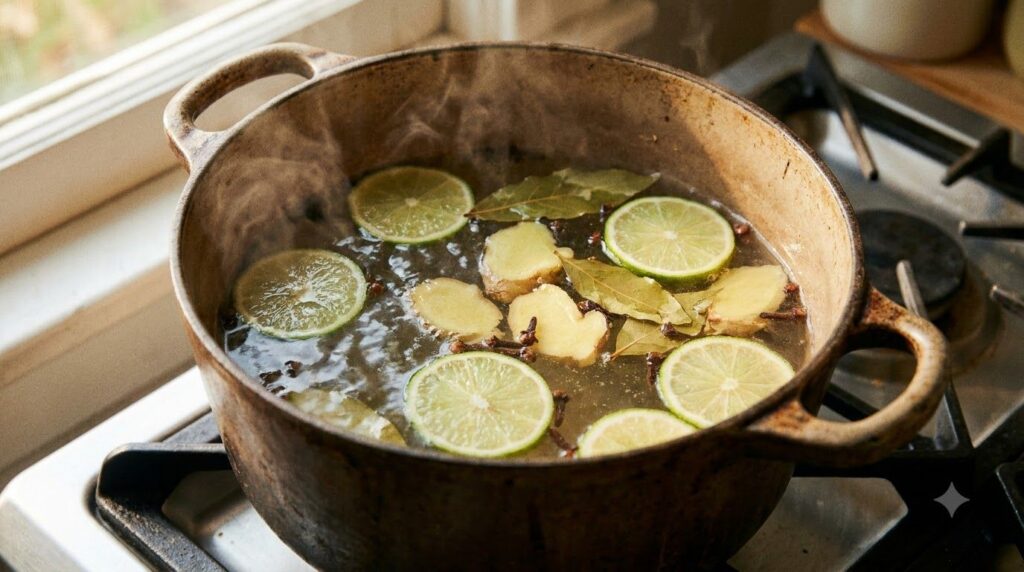 A close-up of the boiling pot with lime slices ginger pieces whole cloves and bay leaves infusing in hot water creating 
