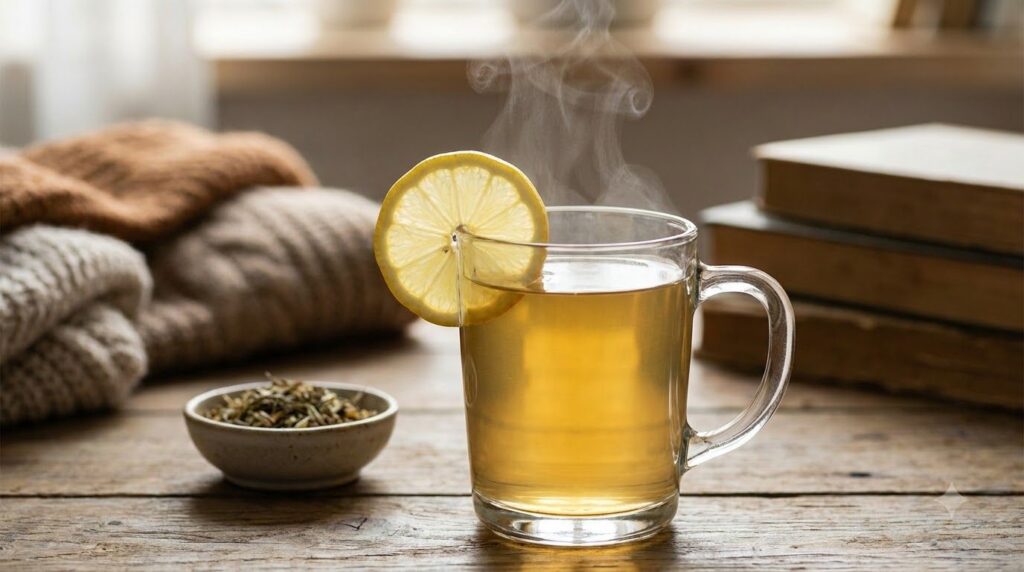 A perfectly brewed and strained golden-colored drink served in an elegant clear glass mug with a slice of fresh lemon as