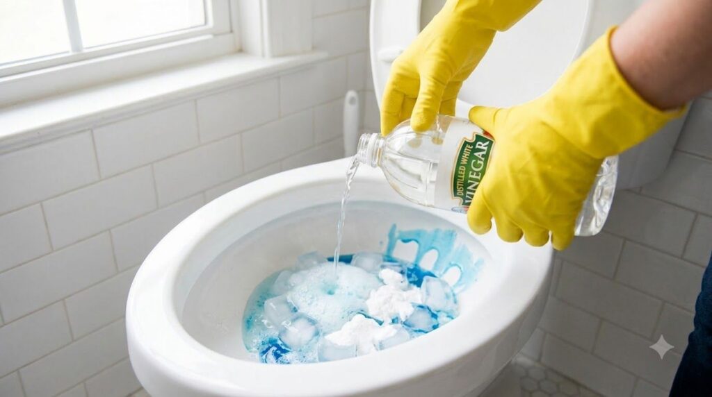 A person wearing yellow rubber gloves is adding white vinegar to a toilet bowl containing ice cubes baking soda and dish