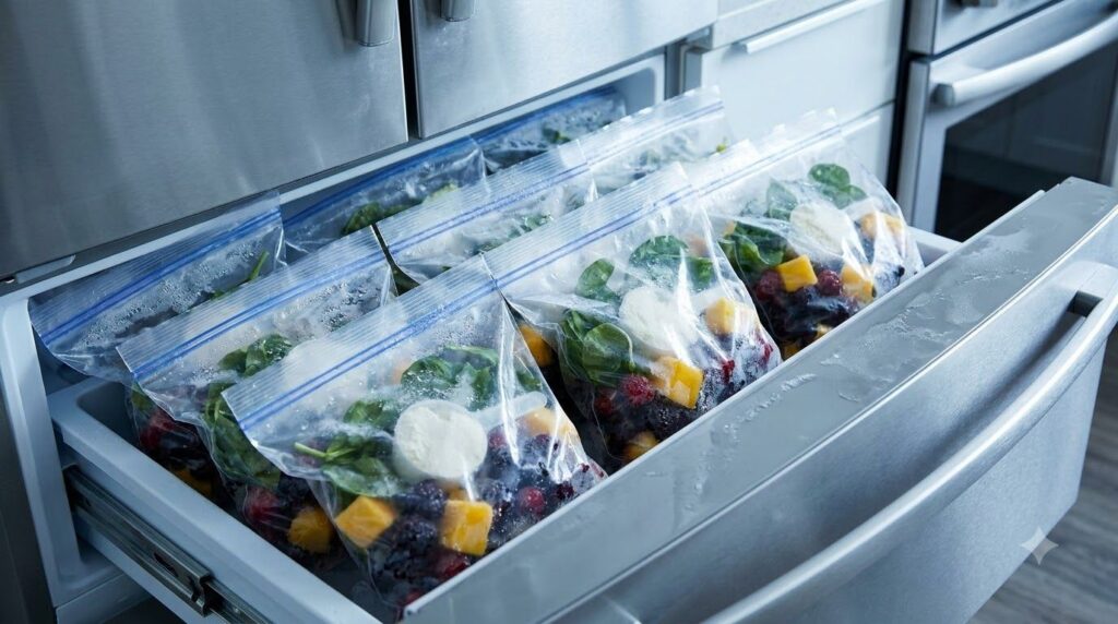A variety of smoothie prep bags filled with pre-portioned frozen fruits spinach and a scoop of protein powder neatly org
