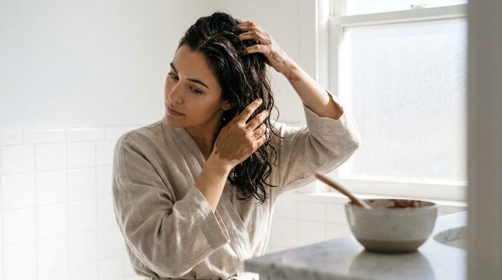 A woman applying a homemade hair mask to her dark damp hair in a well-lit bathroom gently massaging it into her scalp an