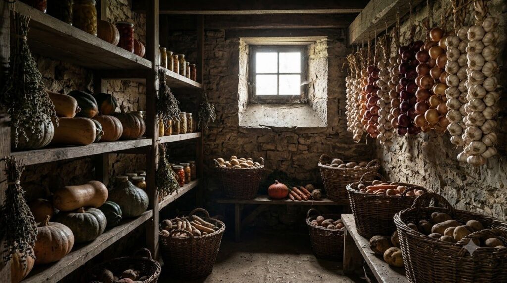 A variety of cured vegetables like garlic onions and winter squash neatly arranged in a cool dark storage area showcasin