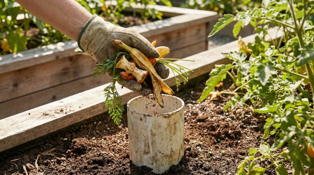 A gloved hand dropping fresh kitchen scraps like fruit peels and vegetable pieces into the opening of a worm tower pipe
