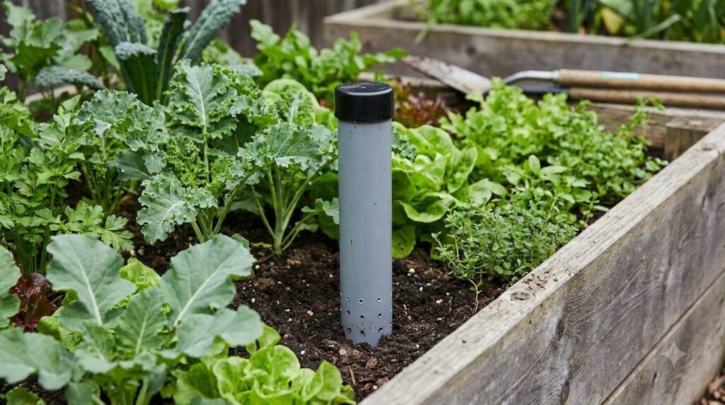 An installed worm tower a PVC pipe with a lid standing in a lush raised garden bed with healthy green plants growing aro