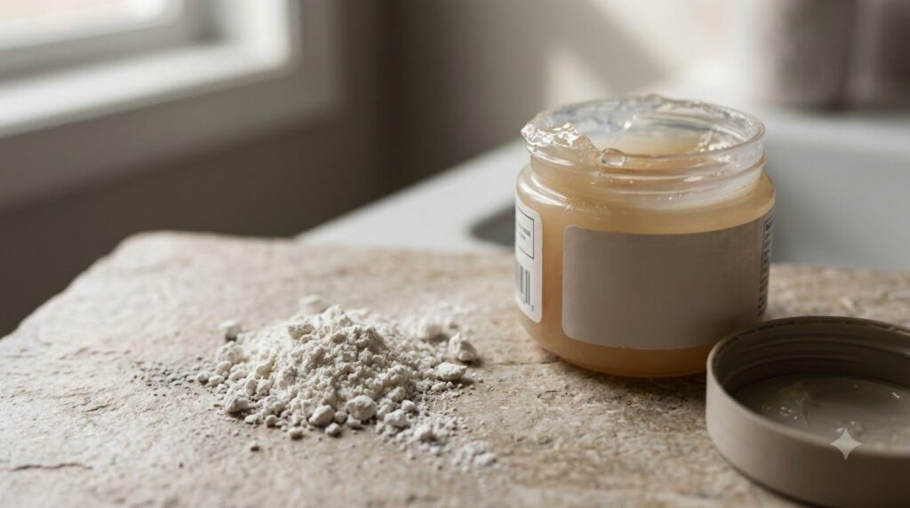 Close-up of finely crushed white powder representing vitamin C powder next to a jar of petroleum jelly