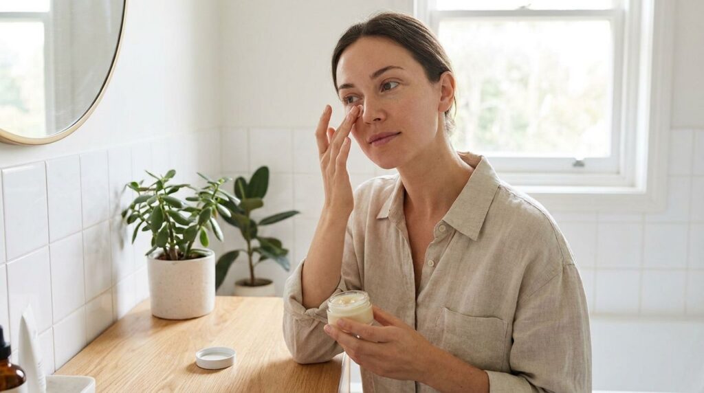 A woman gently applying a small amount of the homemade Vaseline and vitamin C balm to her face focusing on fine lines ar