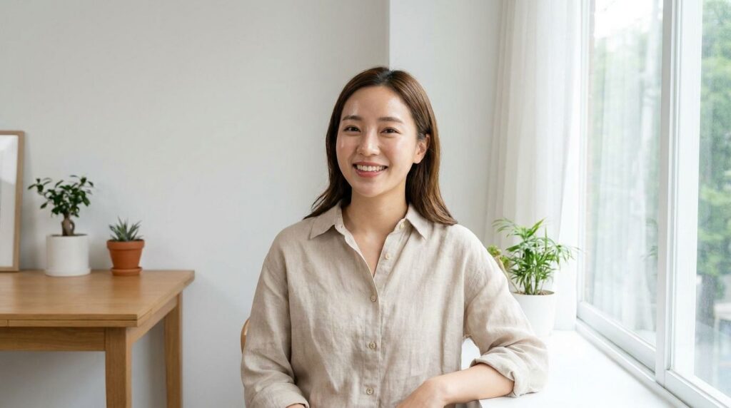 A woman with glowing clear skin smiling softly showcasing the results of a good skincare routine