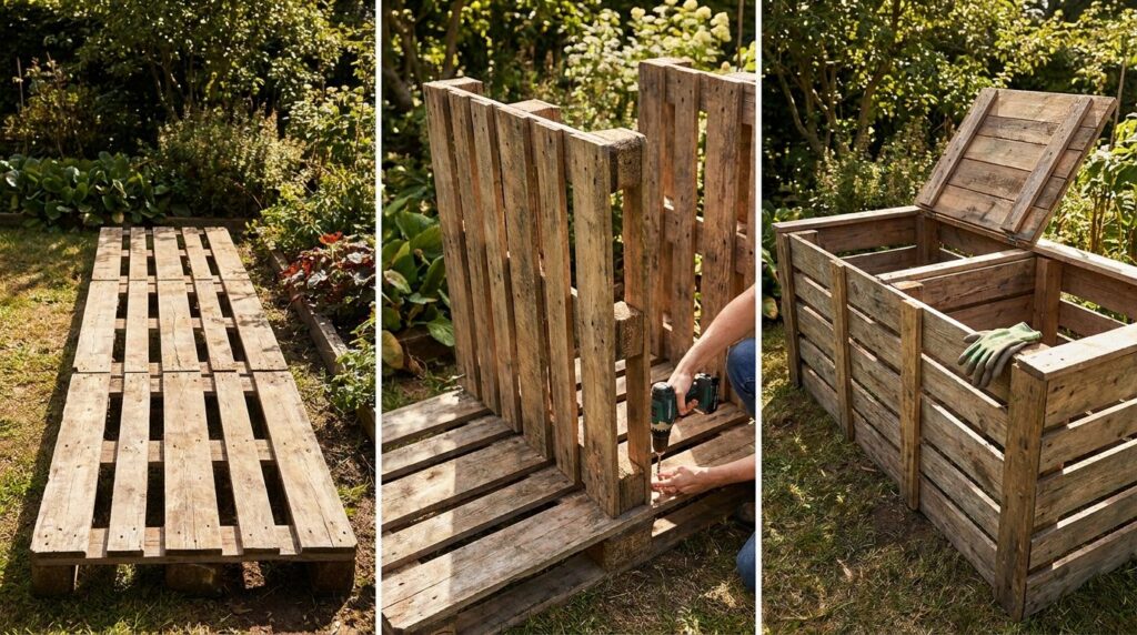 A simple diagram showing how to construct a three-bin composting system using wooden pallets or wire mesh