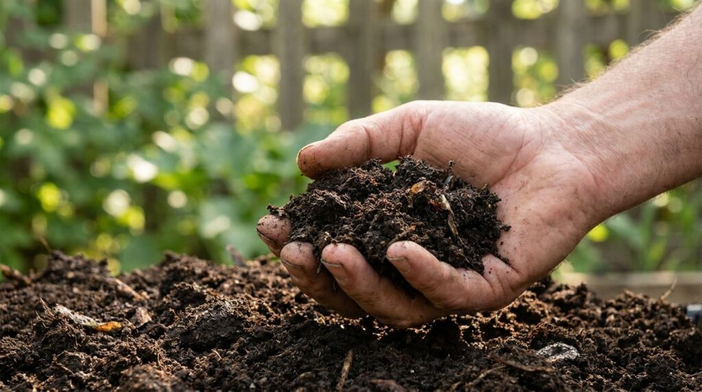 A close-up of rich dark crumbly finished compost with a gardener s hand holding a handful of it