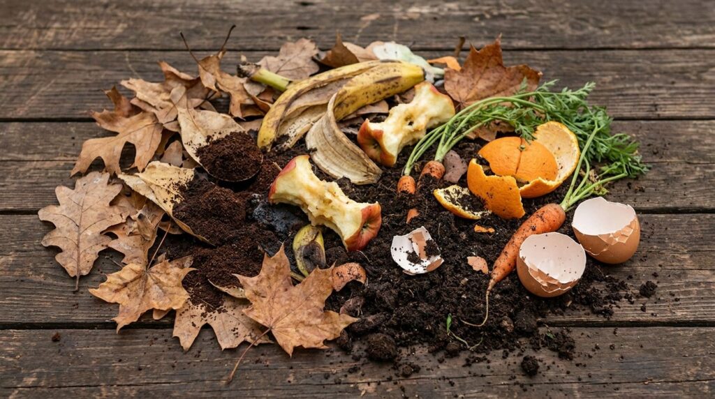 A colorful assortment of compostable materials like fruit peels vegetable scraps coffee grounds and dry leaves in a clos