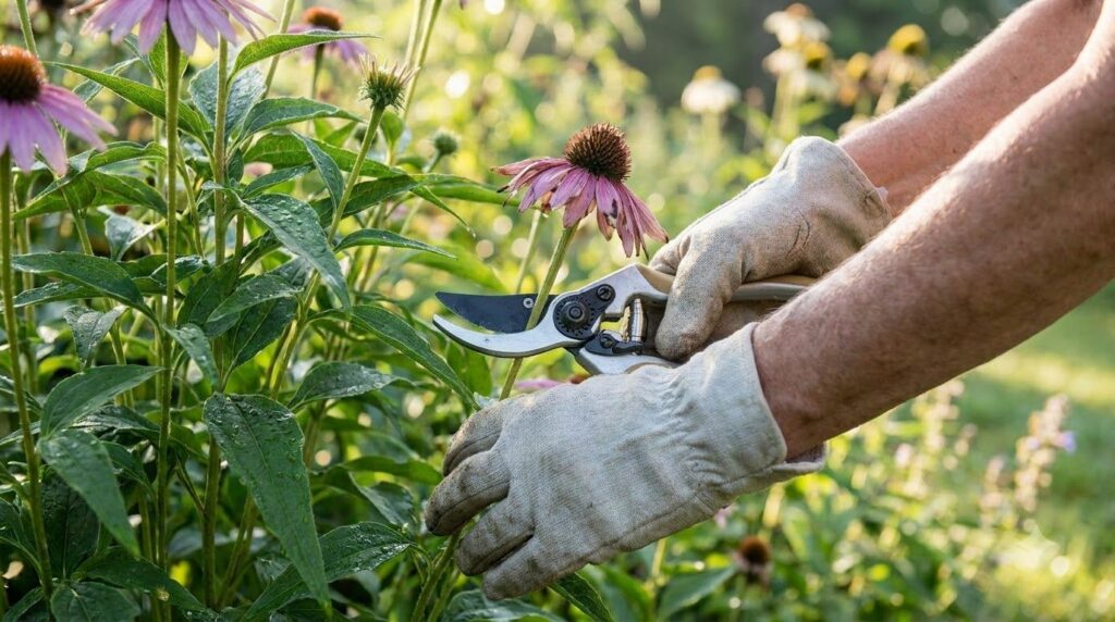 A close-up of a gardener s hands using clean sharp pruning shears to deadhead a spent flower from a perennial plant with