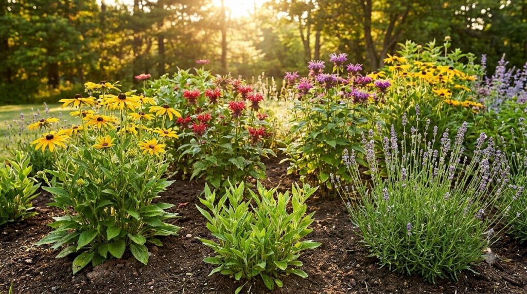 A garden bed filled with various healthy perennials like Black-Eyed Susans Bee Balm and Lavender showing signs of recent