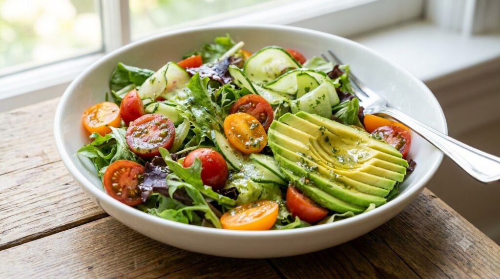 A vibrant fresh salad with mixed greens cherry tomatoes cucumber and generous slices of ripe avocado drizzled with a lig
