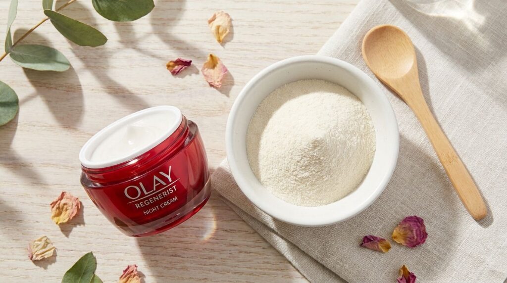 A beautifully arranged flat lay showing a jar of Olay Regenerist Night Cream a small bowl of marine collagen powder and 