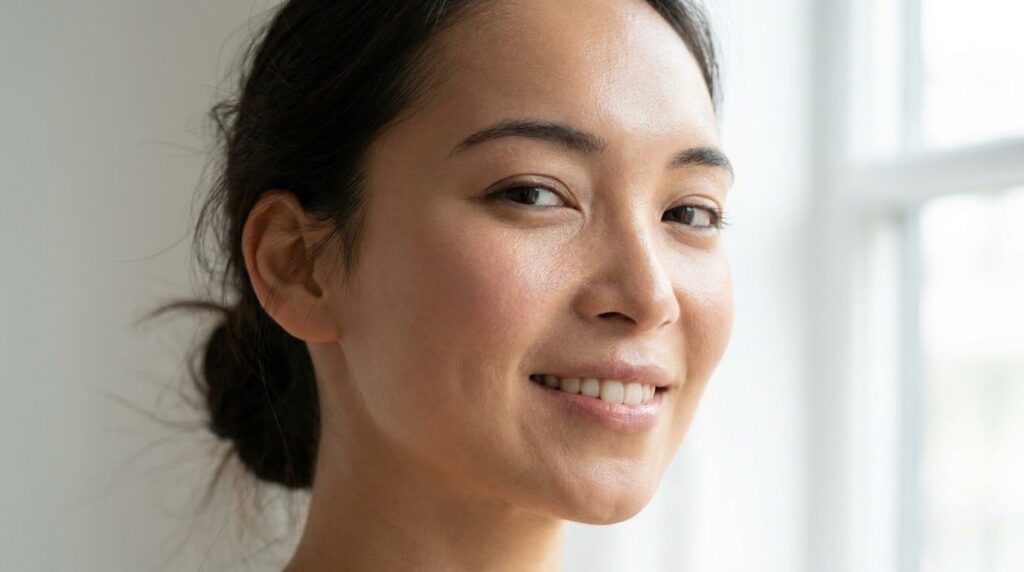 A close-up of a woman s face glowing with soft smooth skin illustrating the results of a good skincare routine The focus