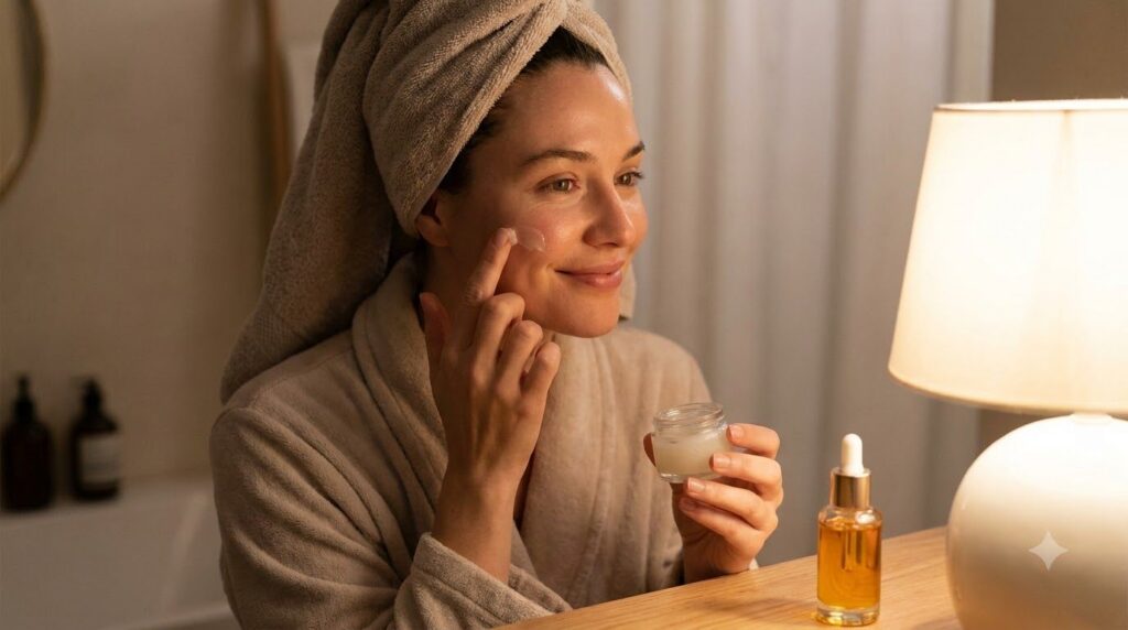 A woman gently massaging a small amount of Vaseline petroleum jelly onto her face after applying natural oil Her skin lo