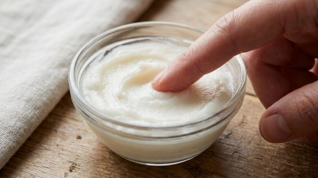 A small glass bowl with a creamy mixture of Vaseline and baking soda a finger testing the texture
