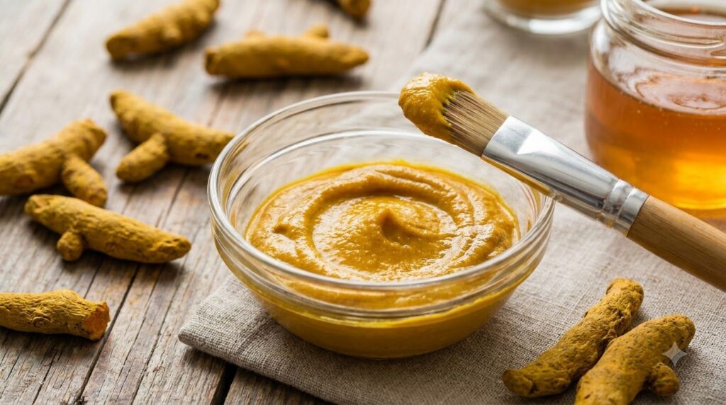 A small glass bowl containing a bright yellow turmeric and honey face mask A gentle applicator brush rests on the side o