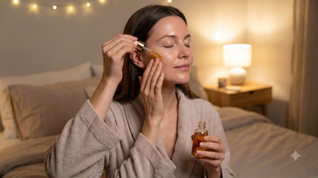 A woman gently massaging a few drops of oil onto her face at night with a soft glowing complexion in a cozy bedroom sett