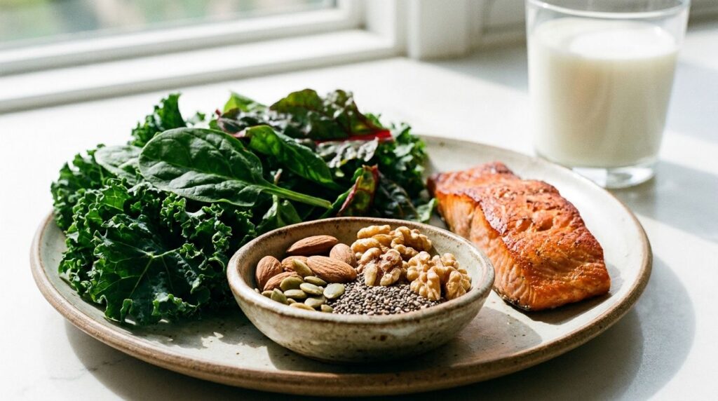 A vibrant and diverse plate of bone-healthy foods including leafy green vegetables various nuts and seeds a portion of s
