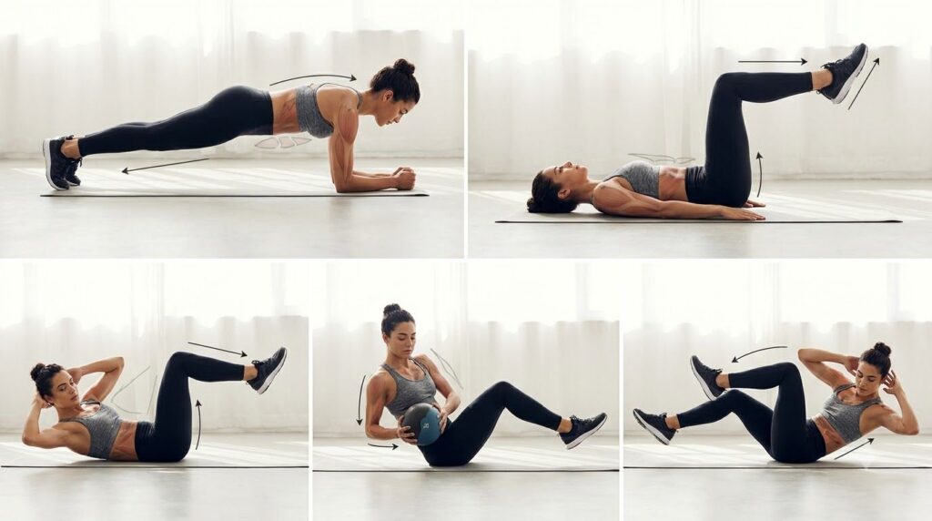 Illustration of various core exercises such as planks crunches leg raises Russian twists and bicycle crunches