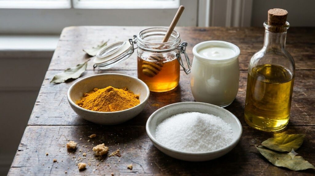 Close-up of a bowl with turmeric powder sugar honey yogurt and a small bottle of oil ready to be mixed for a DIY scrub