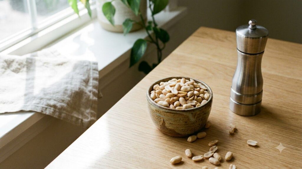 A small bowl filled with raw shelled unsalted peanuts next to a grinder or food processor ready to be used