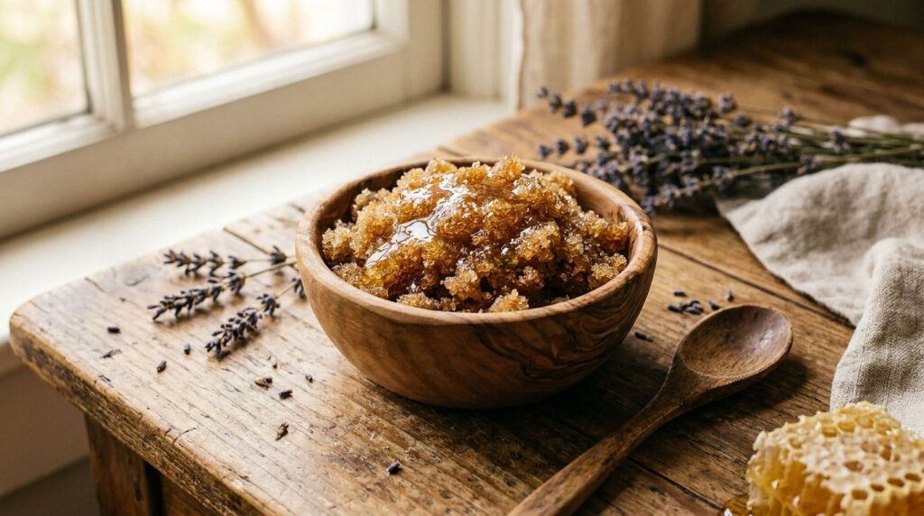 A close-up of a bowl containing a brown sugar and honey scrub with a spoon beside it and a few natural ingredients scatt