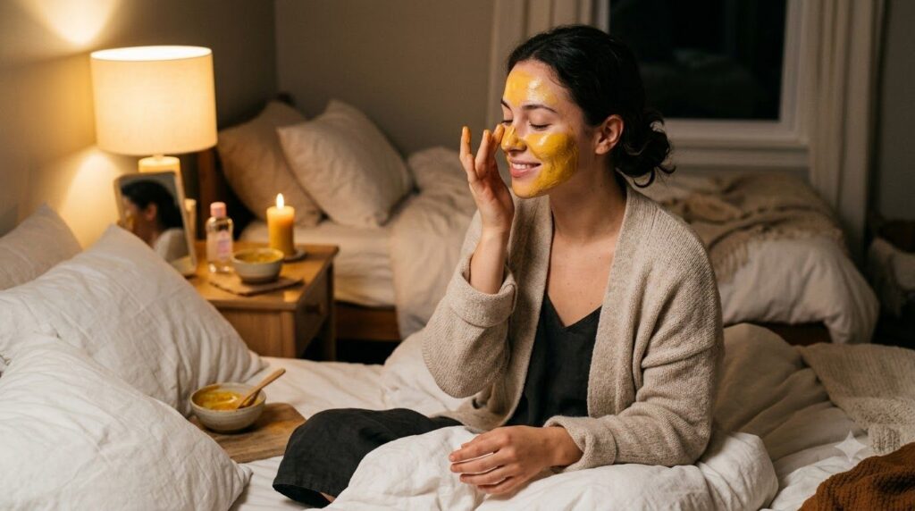 A woman gently applying a golden turmeric and baby oil mask to her clean face with her fingertips in a softly lit bedroo