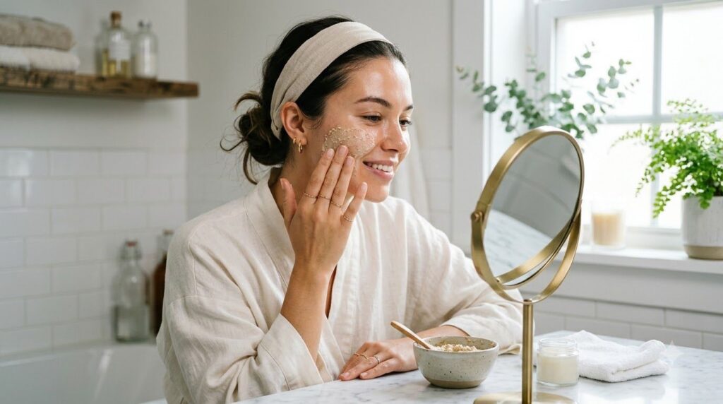 A woman gently applying a DIY face mask to her cheek with a small bowl of the mixture next to her Her skin looks fresh a