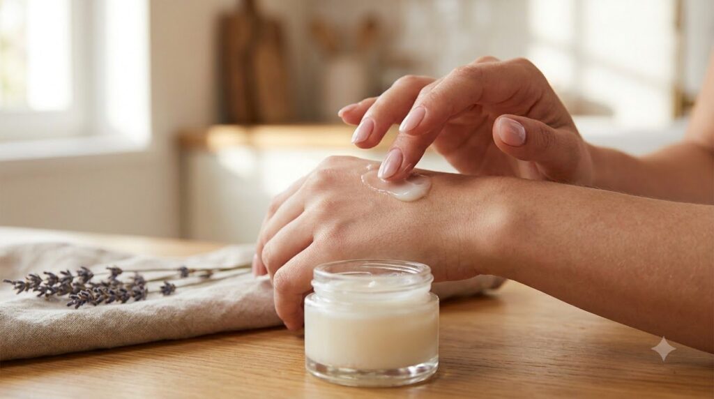 A close-up of a small glass jar containing a creamy white homemade night jelly A finger is gently dabbing a small amount