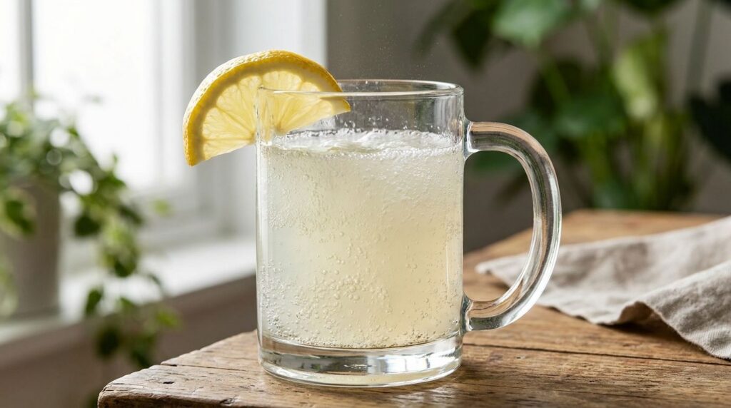 Close-up of a glass mug with a fizzing mixture of baking soda lemon juice and water with a sliced lemon on the side