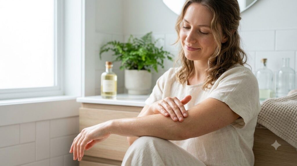 A woman gently massaging the homemade oil blend into her arm showcasing smooth glowing skin