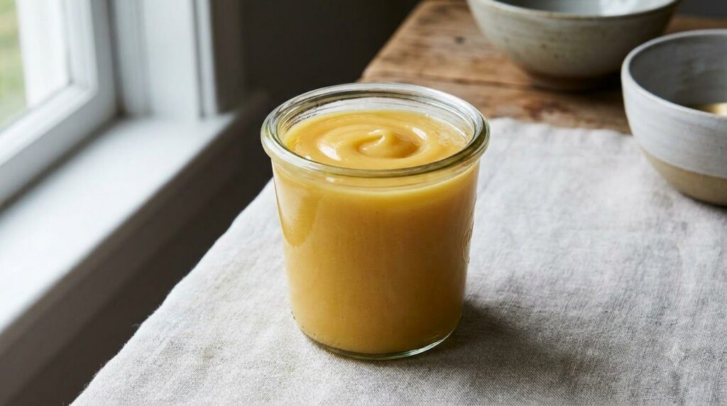 A small clean jar filled with the golden night jelly showing its smooth texture ready for use