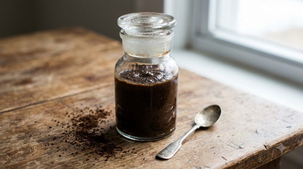Close-up of a small glass jar containing homemade coffee and Vaseline under-eye cream with a small spoon set on a warm i