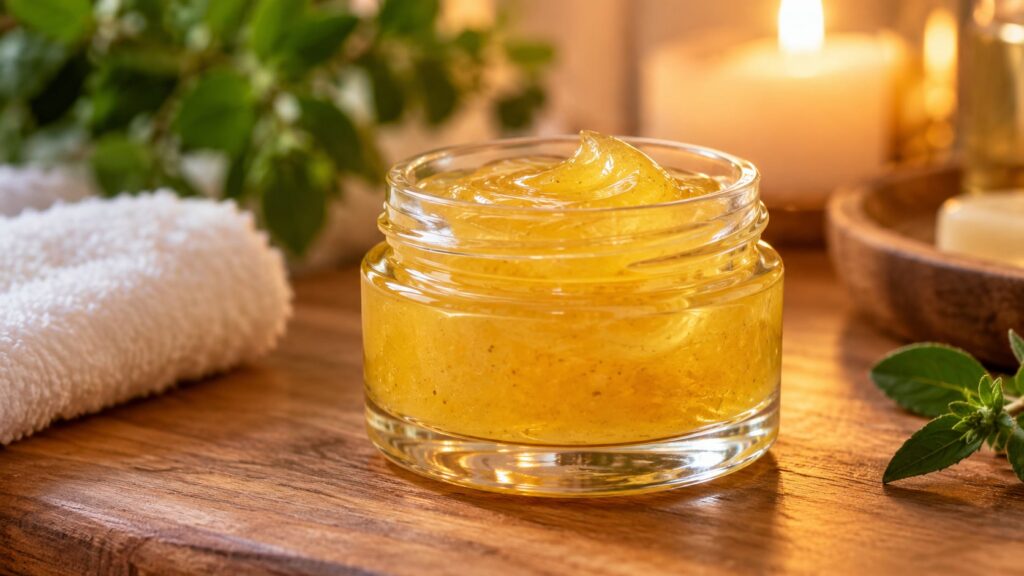 A small clear glass jar filled with a thick golden-yellow beauty gel sitting on a wooden surface with a soft glowing lig