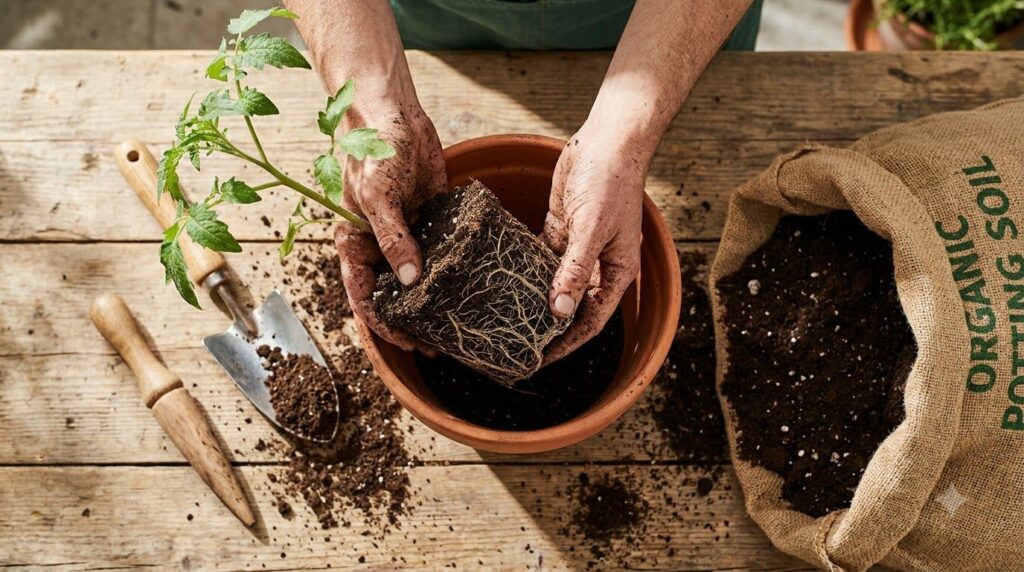 An overhead shot of a gardener s hands gently potting a young seedling into a larger pot The roots are visible and healt