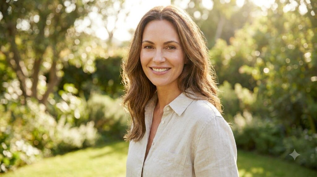 A woman smiling confidently showing clear glowing skin after successfully reducing age spots