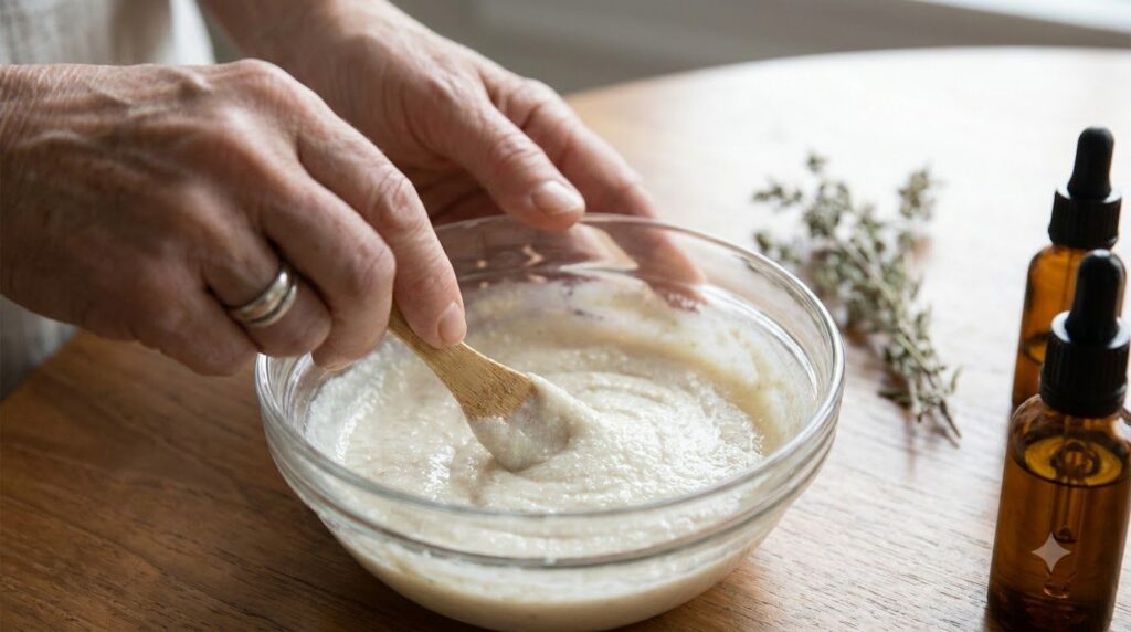 Close-up of a person s hand mixing baking soda hydrogen peroxide and Vaseline in a small bowl to create a paste