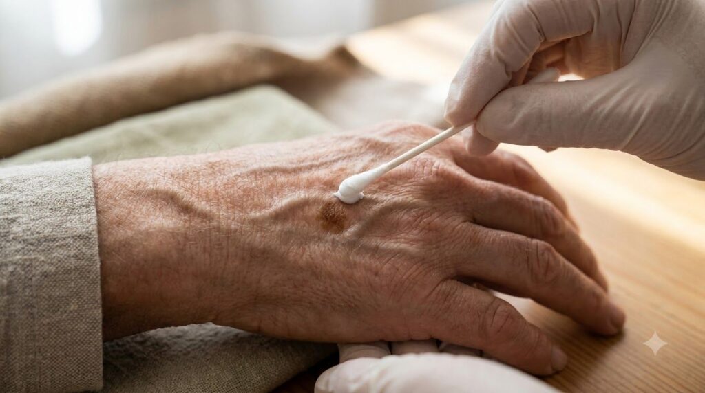 A person applying the DIY age spot paste to an age spot on their hand with a cotton swab
