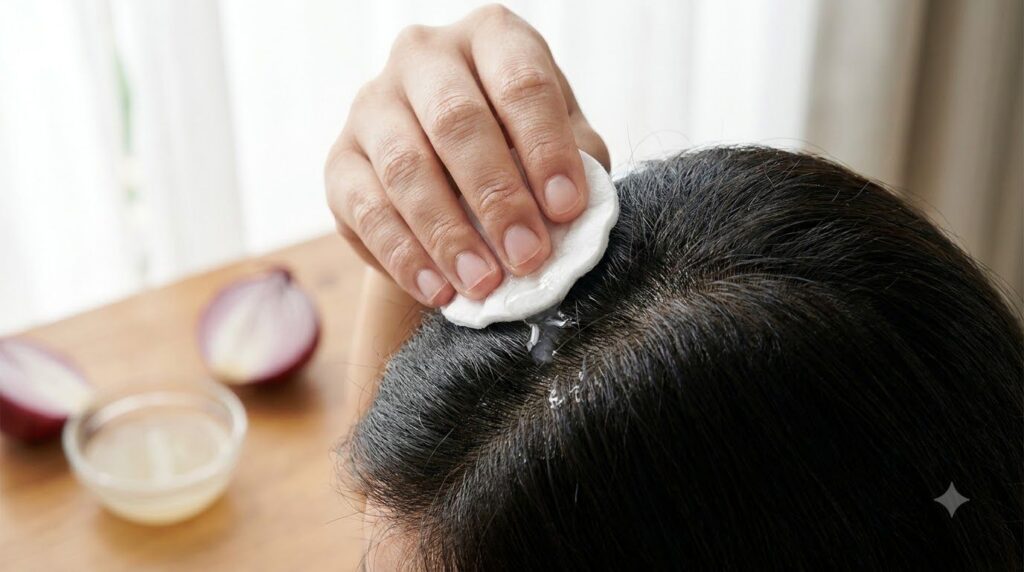 A close-up of a hand applying clear onion juice to a scalp using a cotton pad demonstrating a DIY hair growth treatment